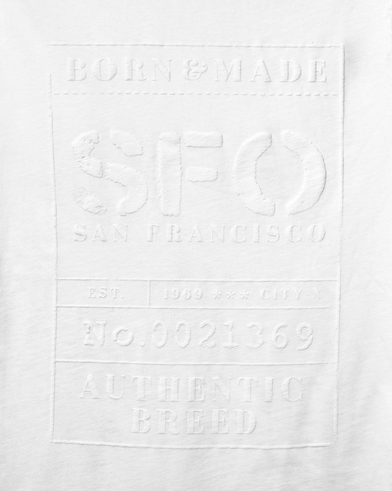 
                  
                    Load image into Gallery viewer, BORN &amp;amp; MADE. SFO. T-SHIRT: WHITE/WHITE.
                  
                