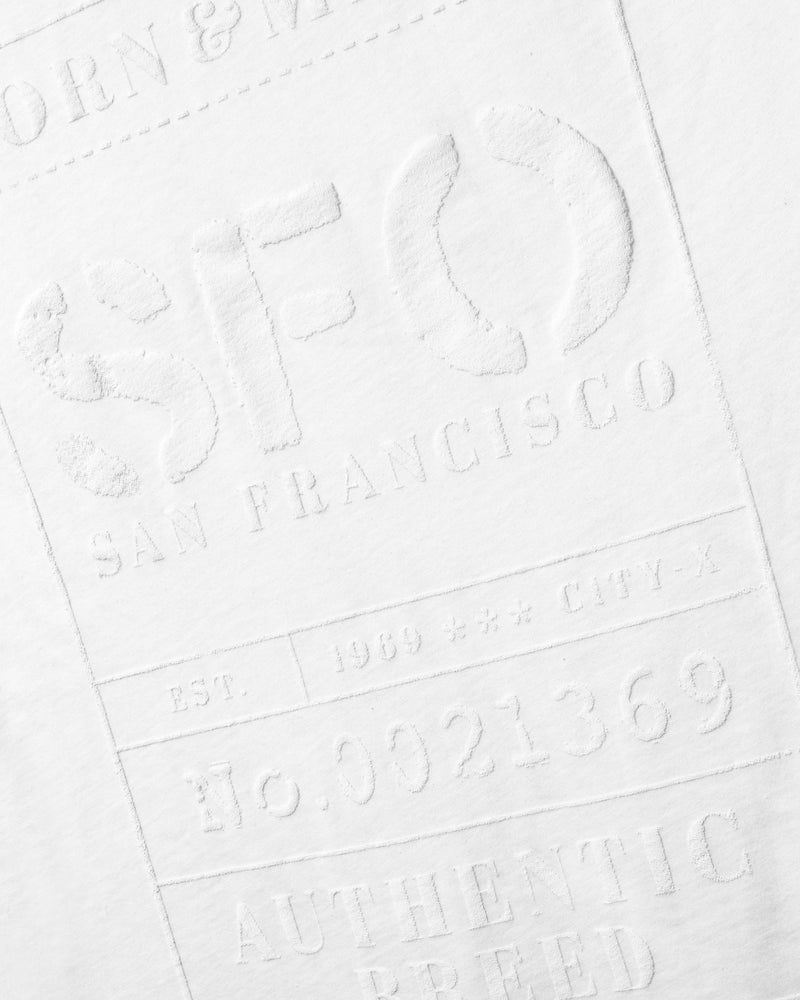 
                  
                    Load image into Gallery viewer, BORN &amp;amp; MADE. SFO. T-SHIRT: WHITE/WHITE.
                  
                