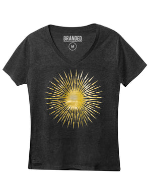 
                  
                    Load image into Gallery viewer, (WOMEN) CHARCOAL SUPERNOVA. V-NECK T-SHIRT:  GOLD
                  
                