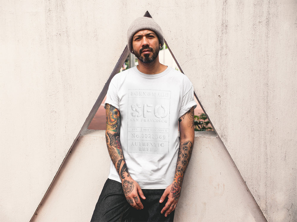 
                  
                    Load image into Gallery viewer, BORN &amp;amp; MADE. SFO. T-SHIRT: WHITE/WHITE.
                  
                