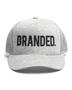 
                  
                    Load image into Gallery viewer, BRANDED. GRAY TRUCKER: BLACK LOGO
                  
                