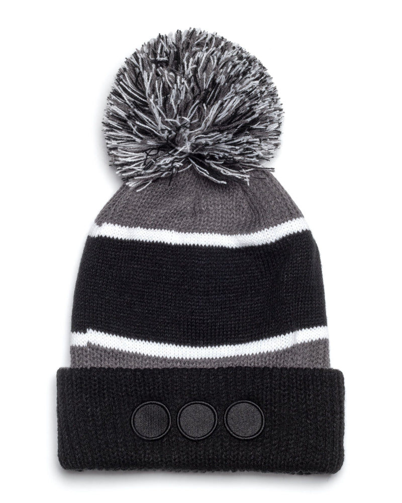 
                  
                    Load image into Gallery viewer, 3 DOTS STRIPED GIANT POM BEANIE: BLACK DOTS
                  
                