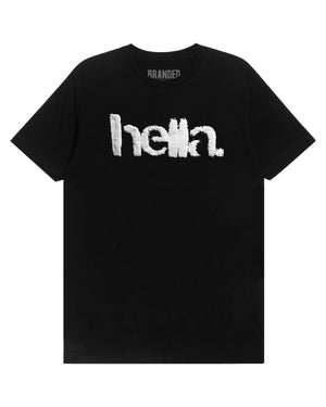 
                  
                    Load image into Gallery viewer, BLACK ONE WORD. T-SHIRT: HELLA.
                  
                